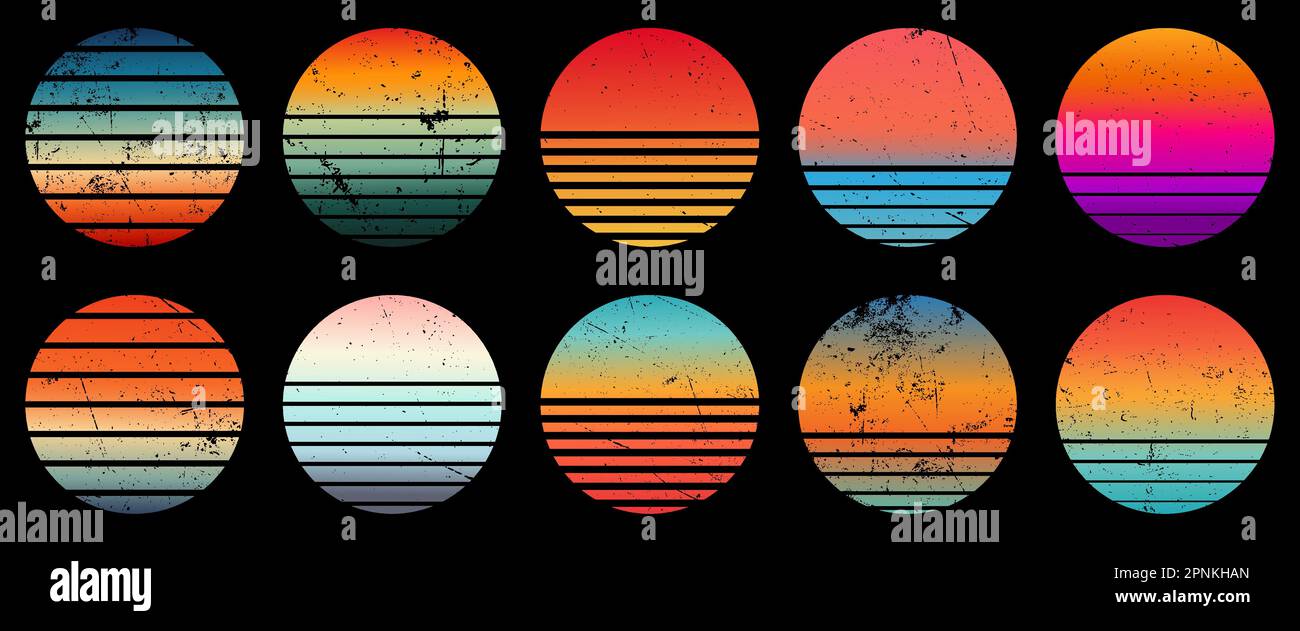Collezione di tramonti retrò con texture sfumate e grunge. Design per adesivi, logo, icone, t-shirt o qualsiasi altro scopo. Illustrazione vettoriale Illustrazione Vettoriale