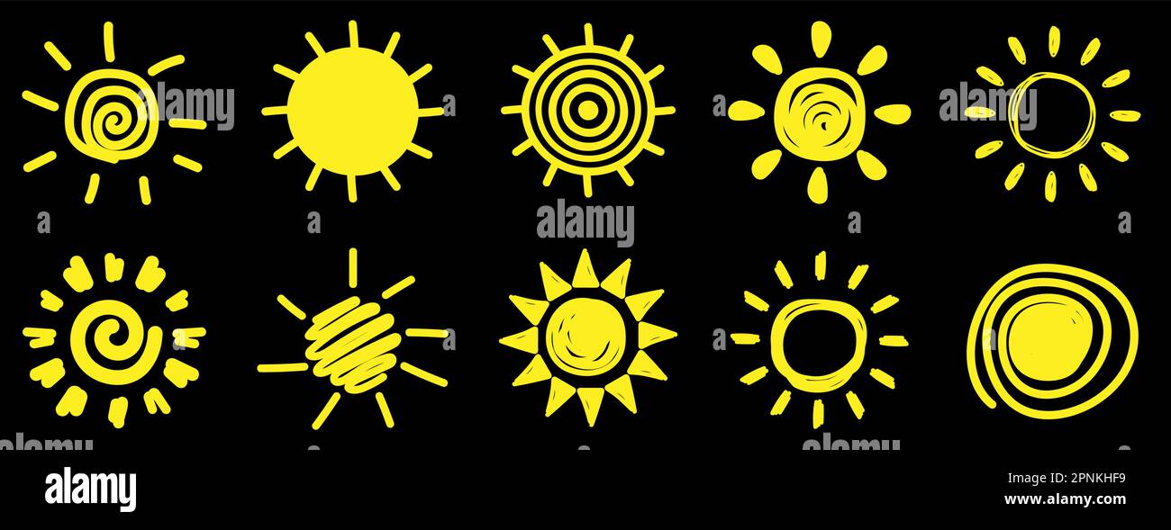 Icone della collezione di simboli del sole. Diversi stili di doodle. Illustrazione vettoriale Illustrazione Vettoriale