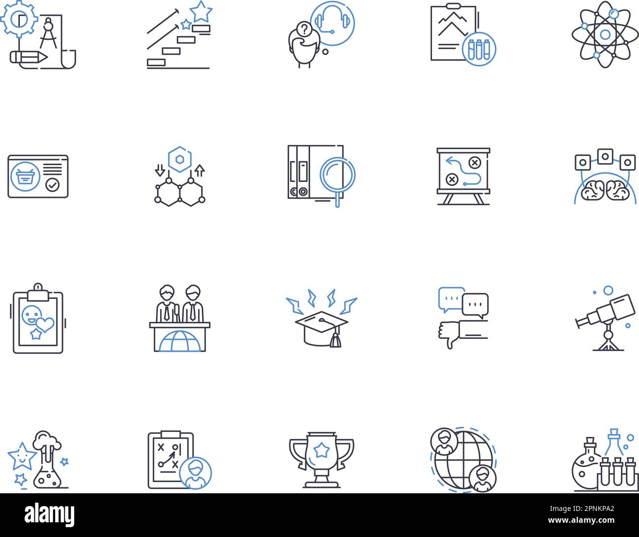 Raccolta di icone della linea centrale didattica. Tutoraggio, apprendimento, istruzione, formazione, orientamento, Supporto, guida vettoriale e illustrazione lineare Illustrazione Vettoriale