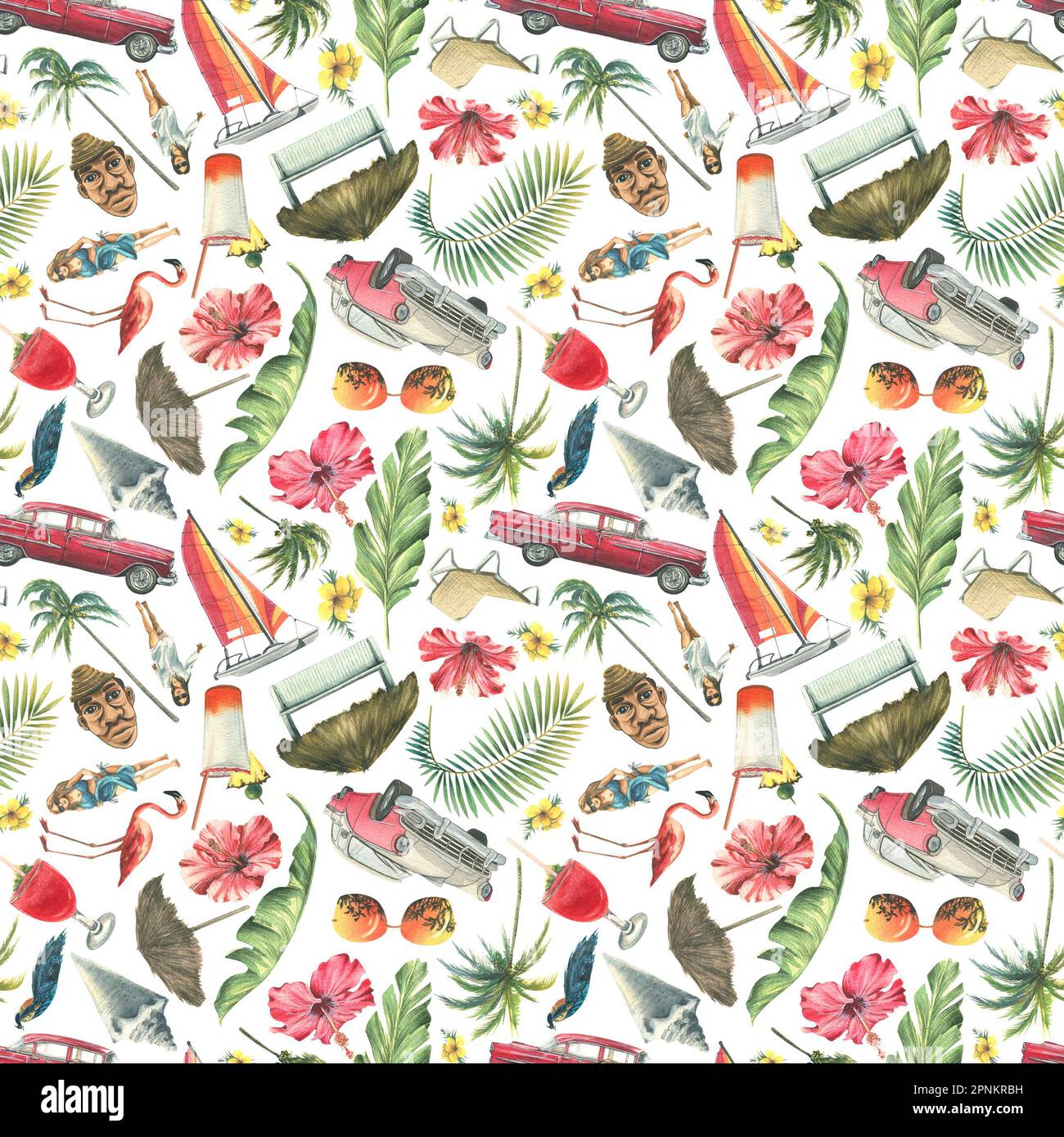 Stampa tropicale con motivi senza giunture sul tema delle vacanze dei Caraibi. Illustrazione acquerello su sfondo bianco da un grande set CUBANO. Per Foto Stock