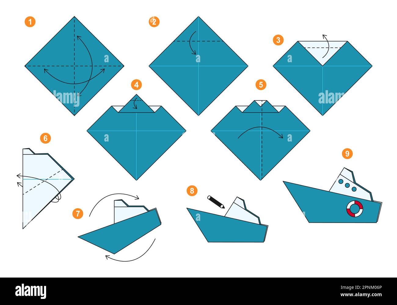 Origami tutorial per bambini. Origami carina nave Immagine e Vettoriale -  Alamy