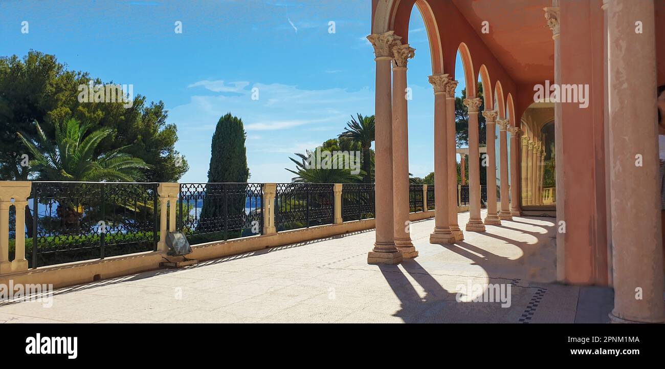 Splendida vista su Villa e giardini Ephrussi de Rothschild e parte sinistra di Saint-Jean-Cap-Ferrat : fila di colonne di grazia e Awe grande palma tre Foto Stock