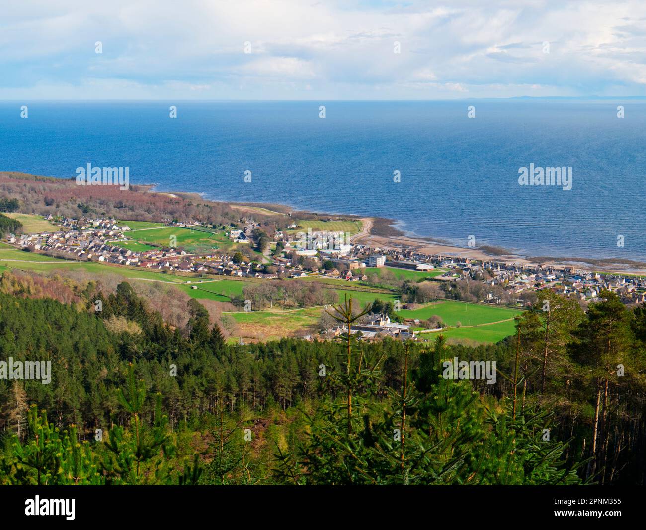 Golspie villaggio e costa da ben Bhraggie, Sutherland Foto Stock