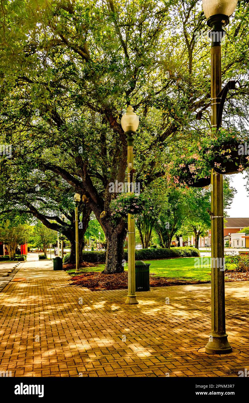 Fiori e strade alberate creano la pittoresca Courthouse Square che circonda il tribunale della contea di Baldwin a Bay Minette, Alabama. Foto Stock