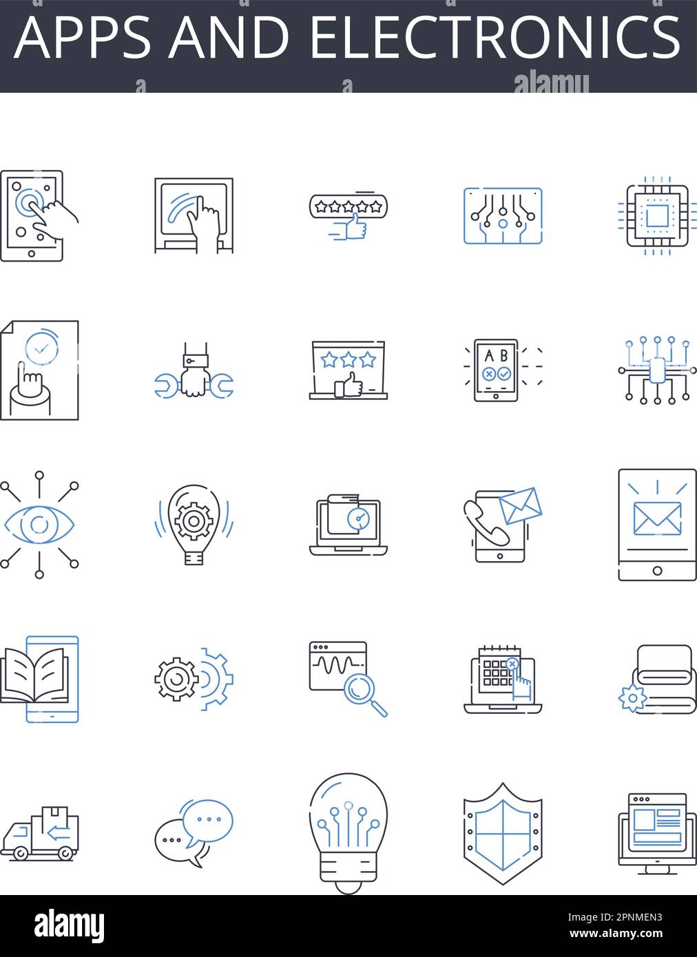 Raccolta di icone delle linee di applicazioni ed elettronica. Computer e dispositivi, veicoli e trasporti, Abbigliamento e abbigliamento, cibo e cucina, Musica e.. Illustrazione Vettoriale
