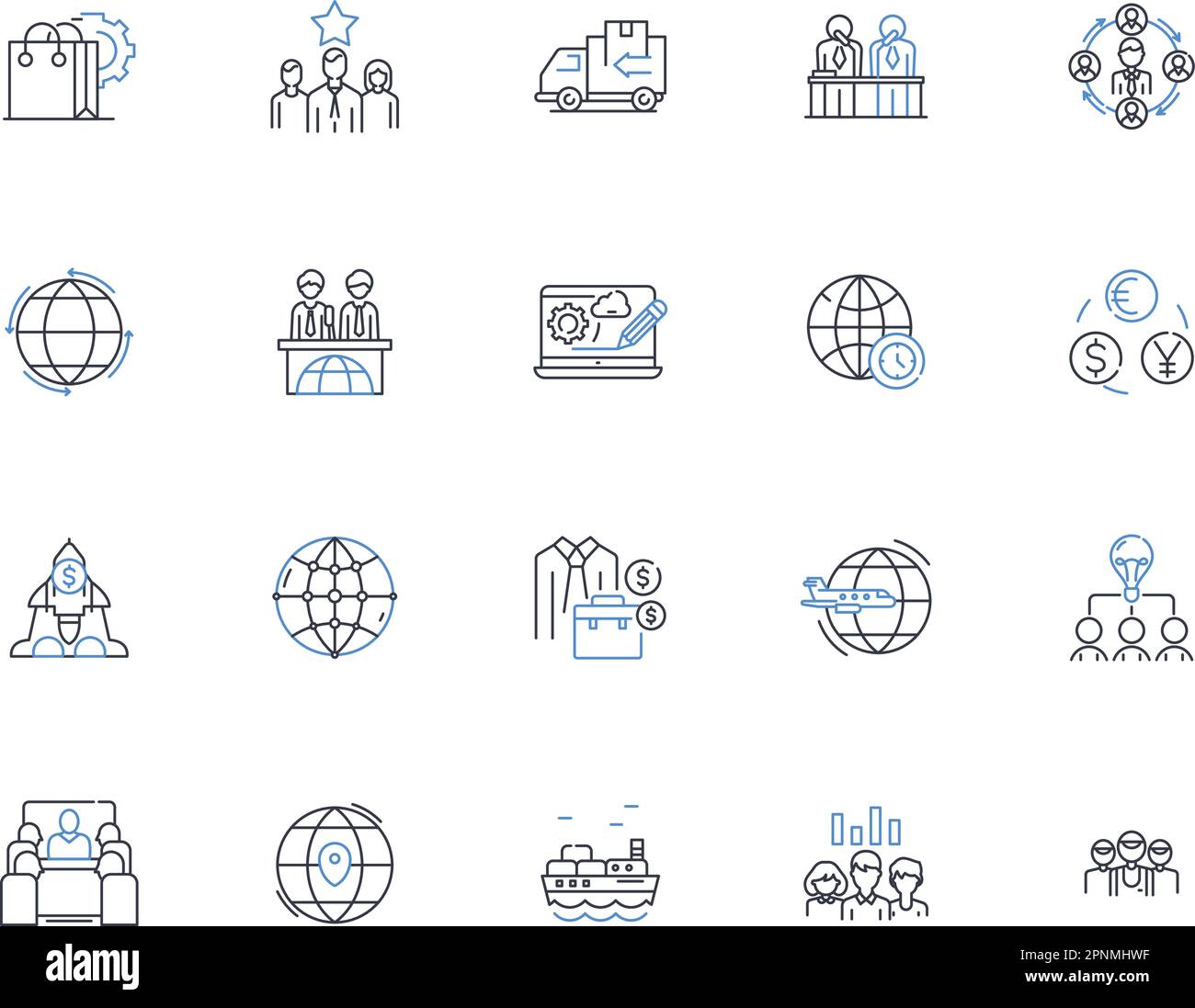 Collezione di icone della linea commerciale Trancontinental. Globalizzazione, connettività, multiculturalismo, collaborazione, Commercio, Investimenti, vettore diversità Illustrazione Vettoriale