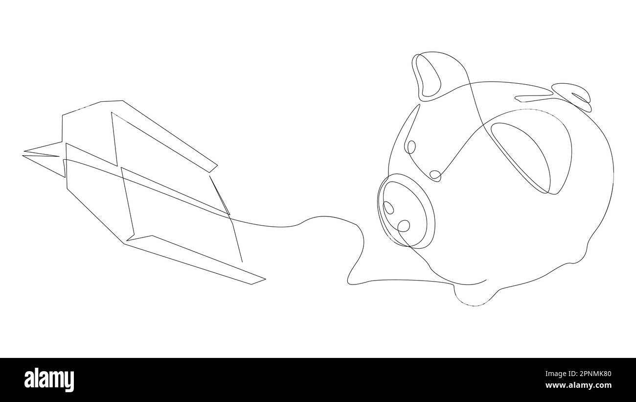 Una linea continua di aeroplano di carta con Piggy Bank. Concetto di vettore di illustrazione a linea sottile. Disegno di contorno idee creative. Illustrazione Vettoriale