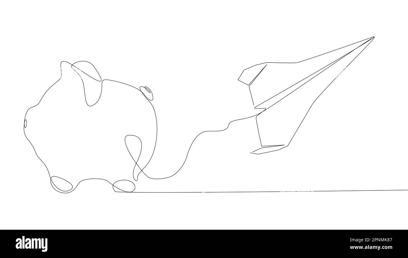 Una linea continua di aeroplano di carta con Piggy Bank. Concetto di vettore di illustrazione a linea sottile. Disegno di contorno idee creative. Illustrazione Vettoriale