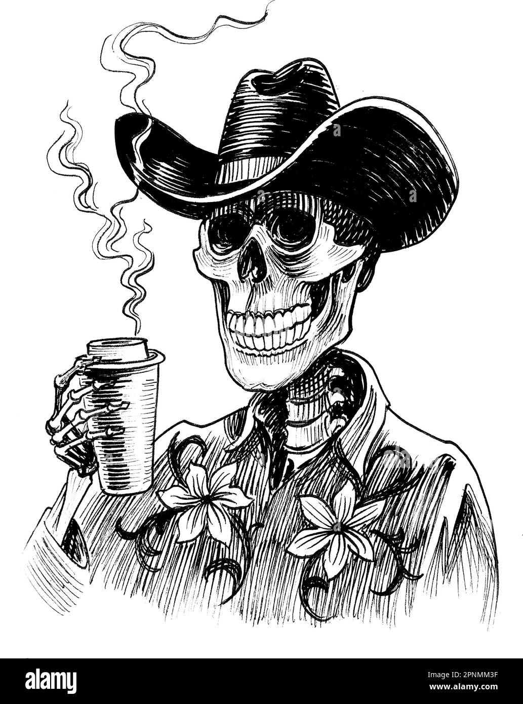 Scheletro in cappello di cowboy bevendo una tazza di caffè. Disegno in bianco e nero a inchiostro Foto Stock