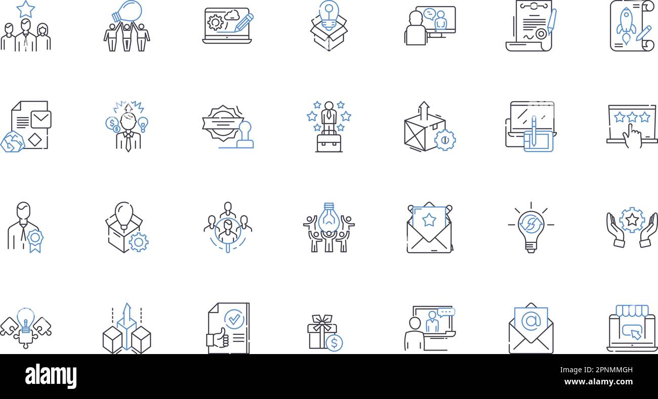 Collezione di icone della linea di concetto di Outreach. Collegamento, Nerk, Comunità, coinvolgimento, Outreach, Partnership, vettore di collaborazione e illustrazione lineare Illustrazione Vettoriale