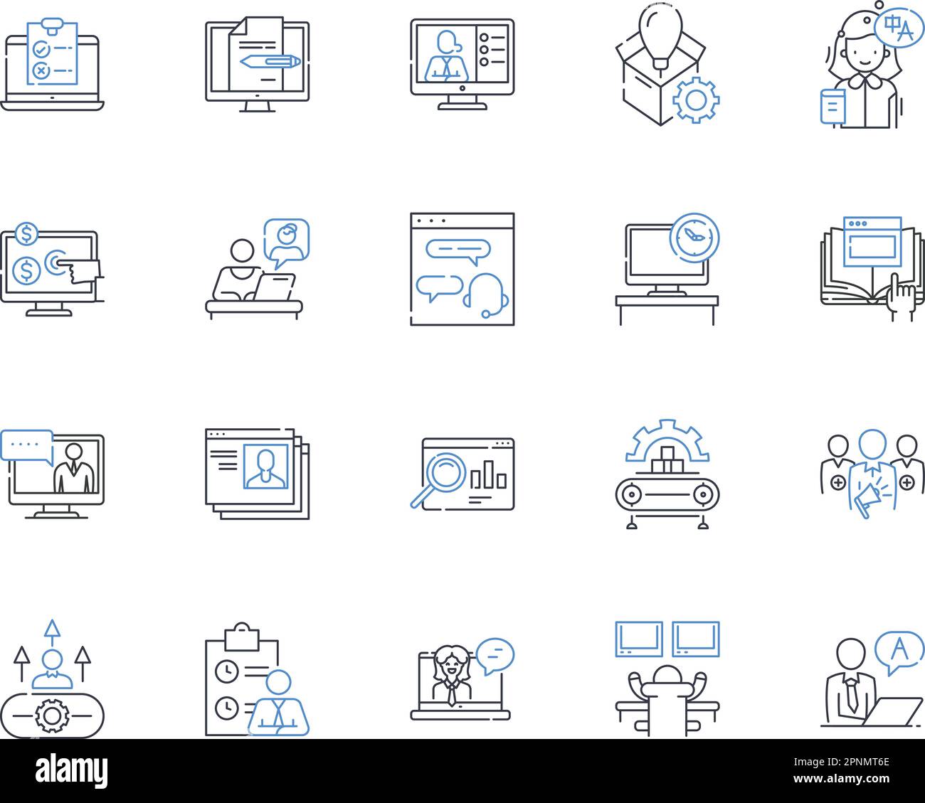 Raccolta di icone linea dinamica squadra. Collaborazione, comunicazione, leadership, diversità, fiducia, Conflitto, vettore di empatia e illustrazione lineare Illustrazione Vettoriale