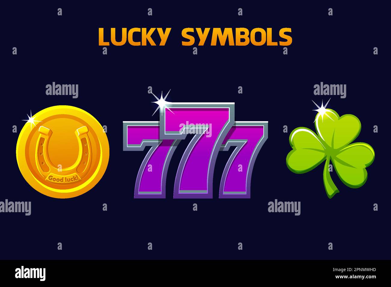Simboli fortunati - sette, trifoglio e ferro di cavallo. Icone per slot e gioco da casinò Illustrazione Vettoriale