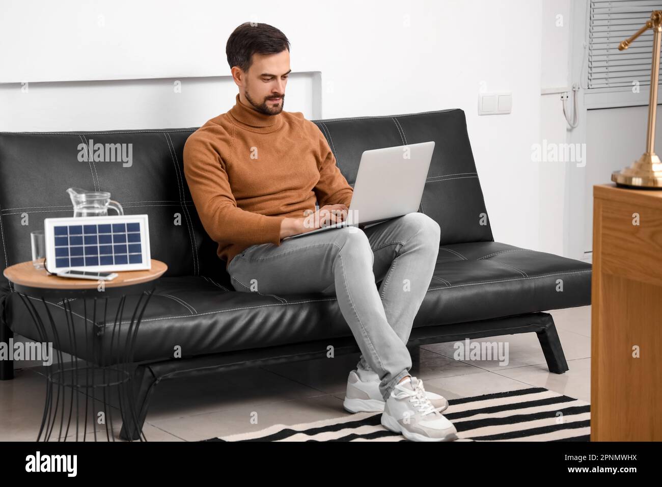 Bell'uomo che usa un computer portatile vicino a un pannello solare portatile a casa Foto Stock