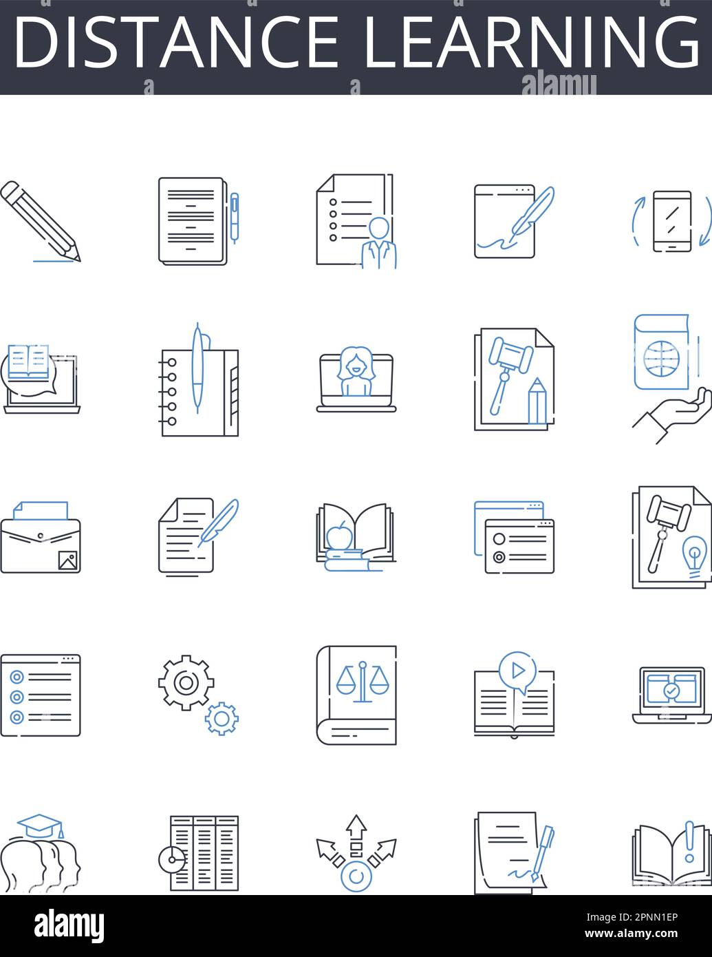 collezione di icone della linea di apprendimento a distanza. e-learning, istruzione virtuale, formazione online, istruzione remota, formazione basata sul web, curriculum digitale Illustrazione Vettoriale