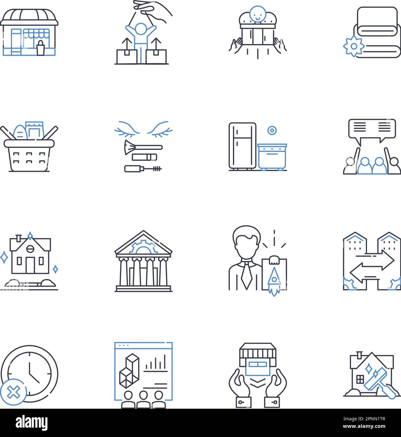 Collezione di icone della linea di distretto. Fiorente, vario, vibrante, culturale, storico, Illustrazione artistica, vettoriale occupato e lineare. Attivo, in via di sviluppo Illustrazione Vettoriale