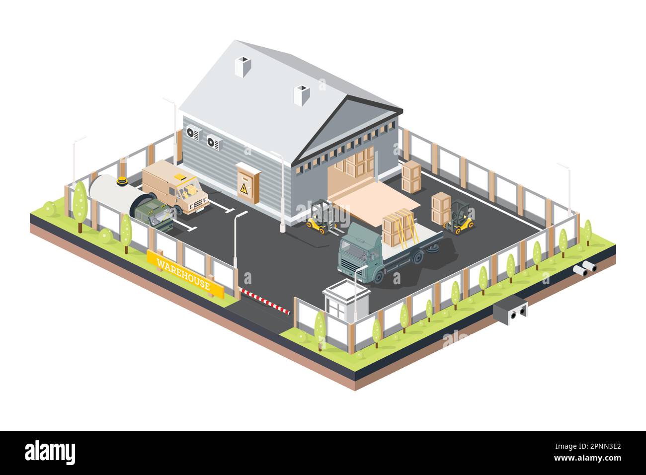 Centro logistico di distribuzione isometrica. Magazzini e magazzini con camion. Illustrazione vettoriale. Terminale di scarico del carico. Illustrazione Vettoriale