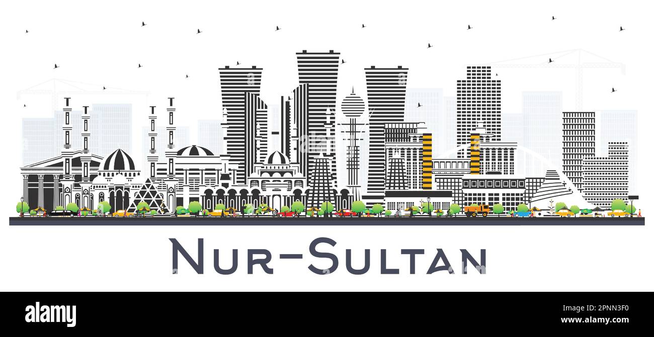 Nur-Sultan Kazakhstan City Skyline con edifici di colore isolati su bianco. Illustrazione vettoriale. Paesaggio urbano di Nur-Sultan con punti di riferimento. Illustrazione Vettoriale