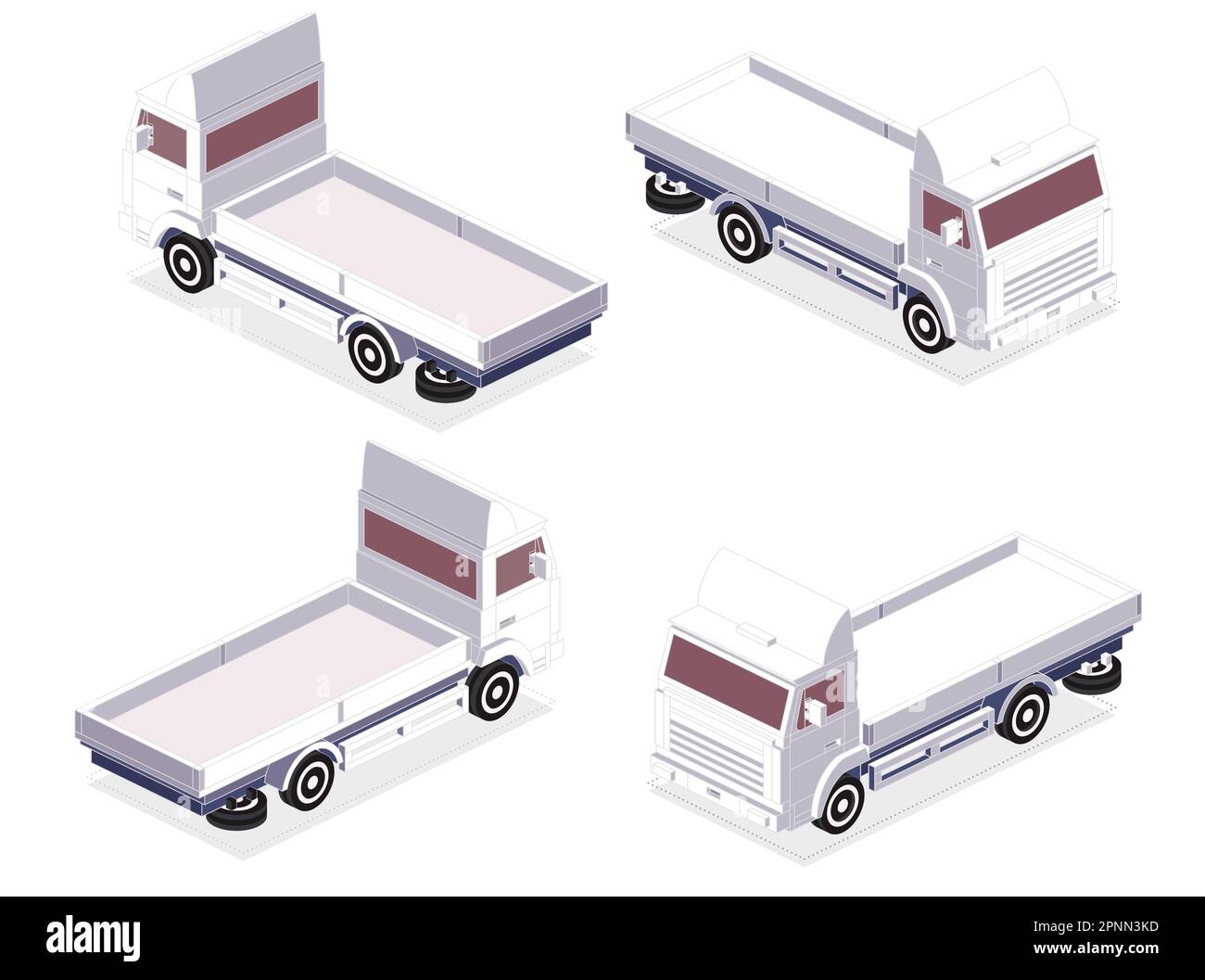 Autocarro con pianale piatto isometrico. Vista posteriore e frontale. Trasporto commerciale. Logistica. Illustrazione vettoriale. Auto vuota per il trasporto di merci. Illustrazione Vettoriale