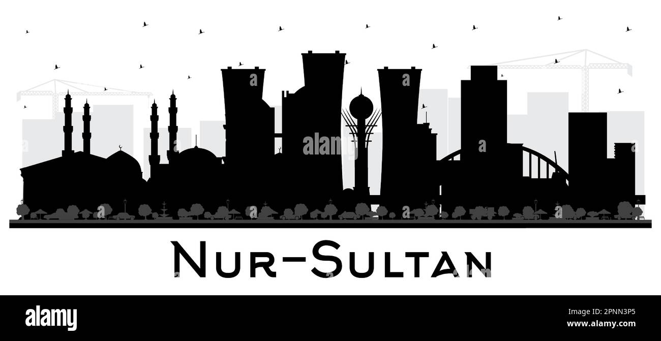 Nur-Sultan Kazakhstan City Skyline Silhouette con edifici neri isolati su bianco. Illustrazione vettoriale. Paesaggio urbano di Nur-Sultan con punti di riferimento. Illustrazione Vettoriale