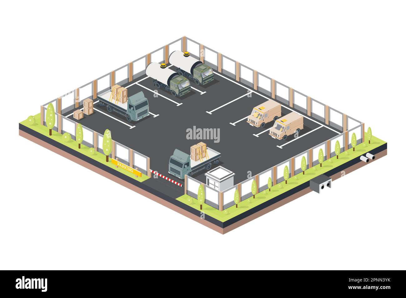 Parcheggio isometrico per camion e automobili. Punto di controllo con barriera. Illustrazione vettoriale. Illustrazione Vettoriale