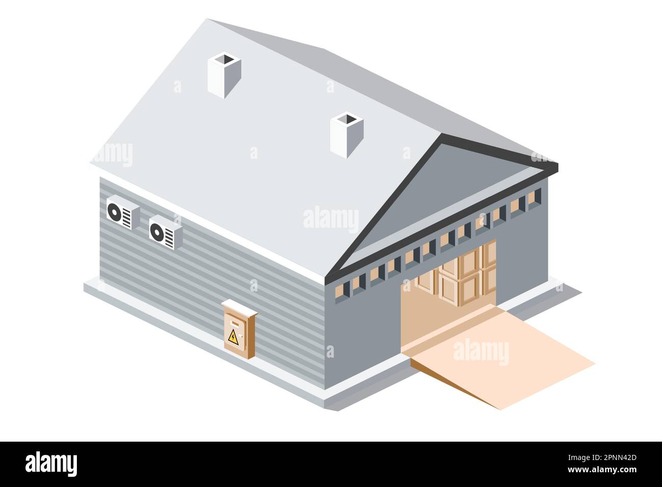 Magazzino isometrico. Grande edificio per la distribuzione o lo stoccaggio dei beni. Illustrazione vettoriale. Oggetto logistico isolato su sfondo bianco. Illustrazione Vettoriale