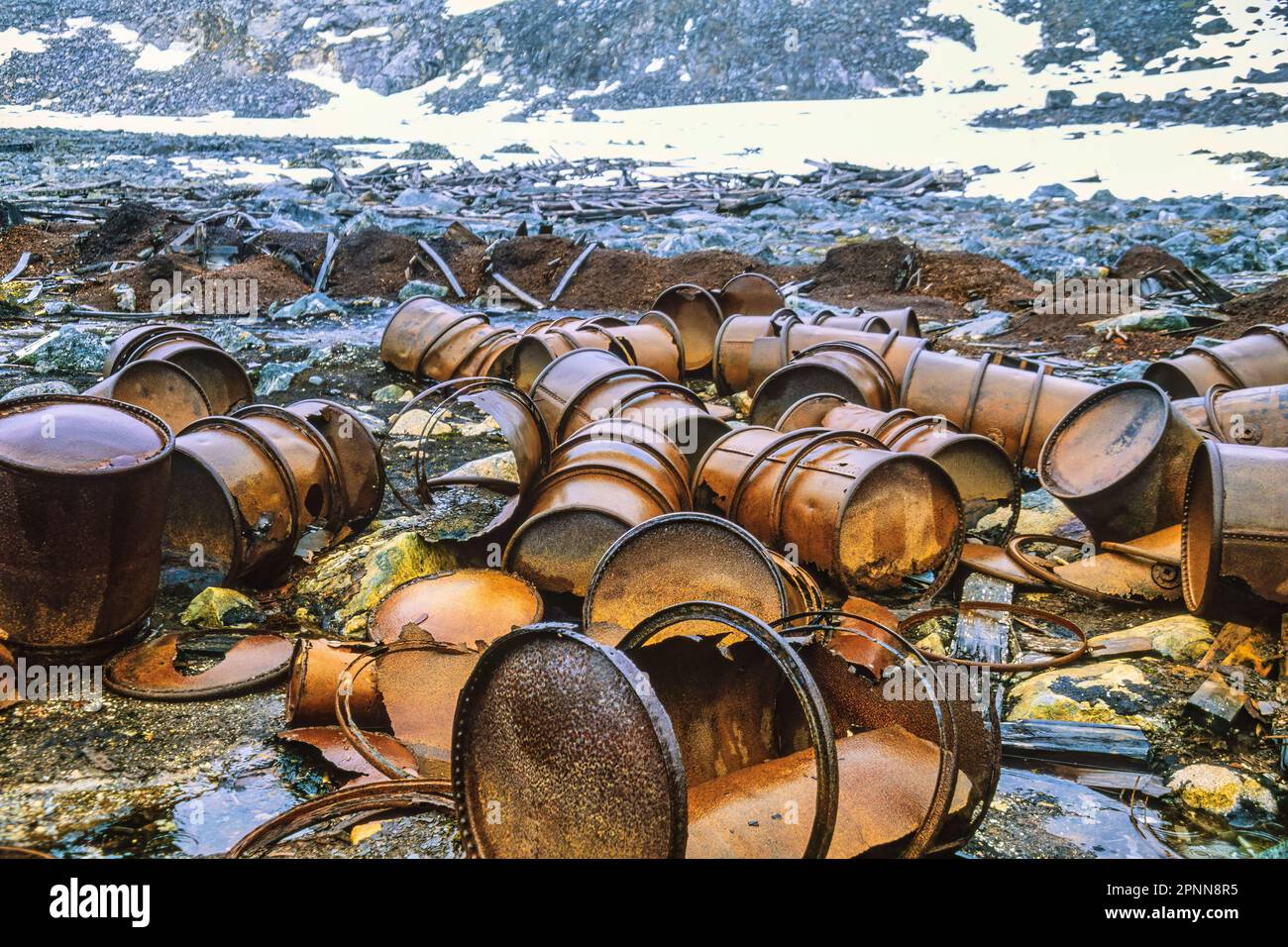 Barili arrugginiti dopo spedizioni polari su Svalbard Foto Stock