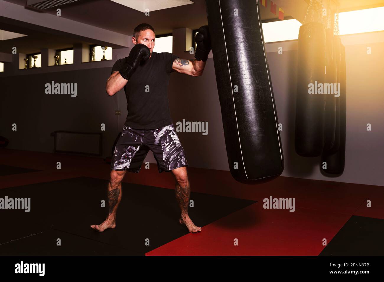Un giovane uomo adulto atletico sta effettuando un workout ad alta intensità usando una borsa di boxing Foto Stock