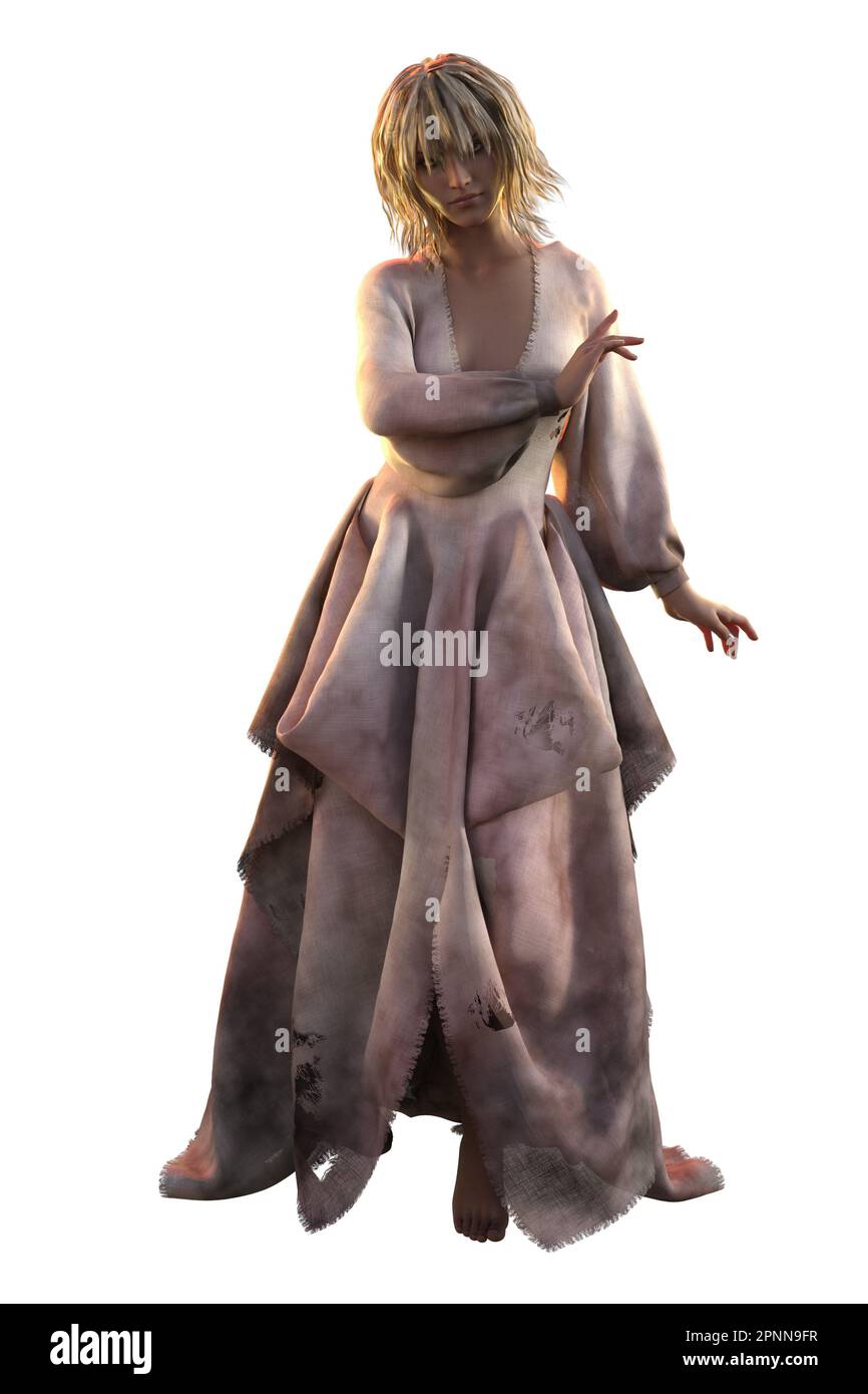 Donna in vecchio abito contadino sporco indossato, 3D Illustrazione. Foto Stock