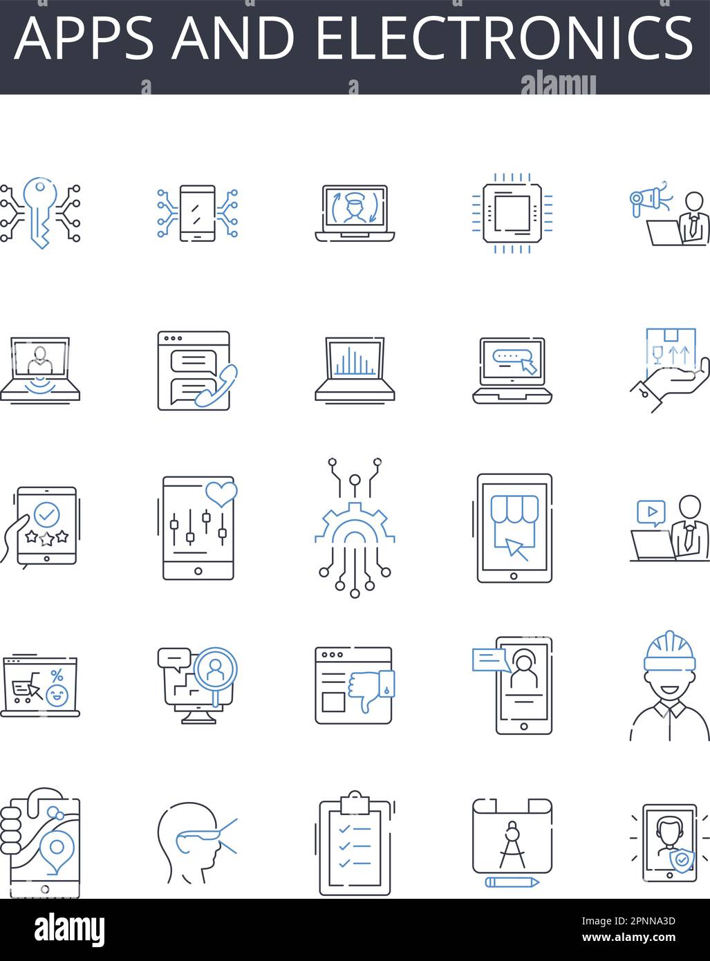 Raccolta di icone delle linee di applicazioni ed elettronica. Computer e dispositivi, veicoli e trasporti, Abbigliamento e abbigliamento, cibo e cucina, Musica e.. Illustrazione Vettoriale
