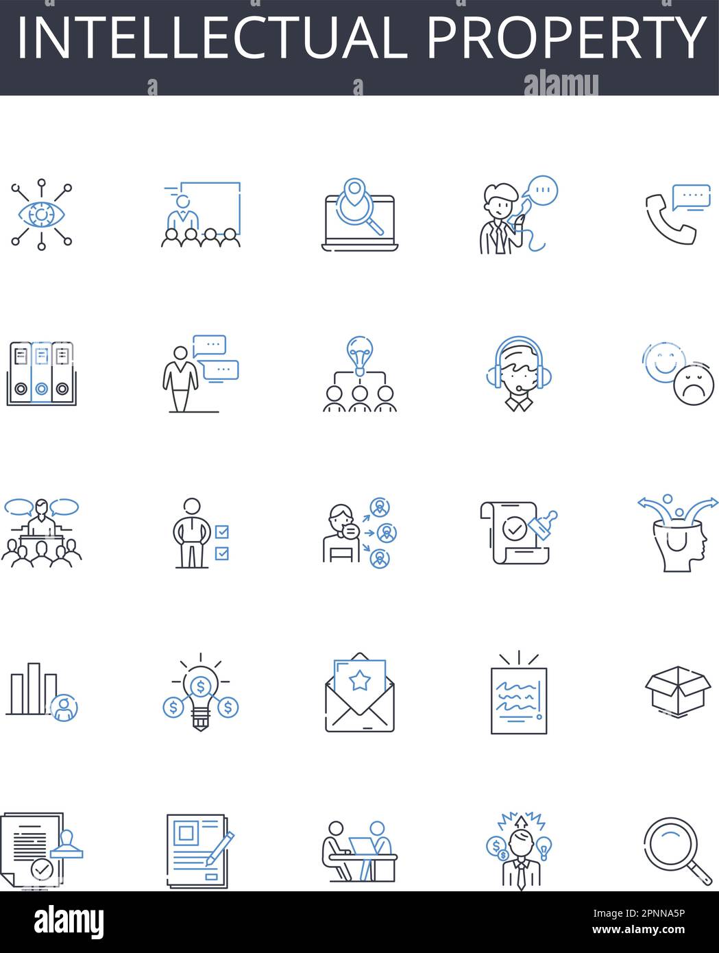 Collezione di icone della linea della proprietà intellettuale. Proprietà privata, diritti legali, diritto d'autore, segreti commerciali, invenzioni brevettate, Dati proprietari Illustrazione Vettoriale