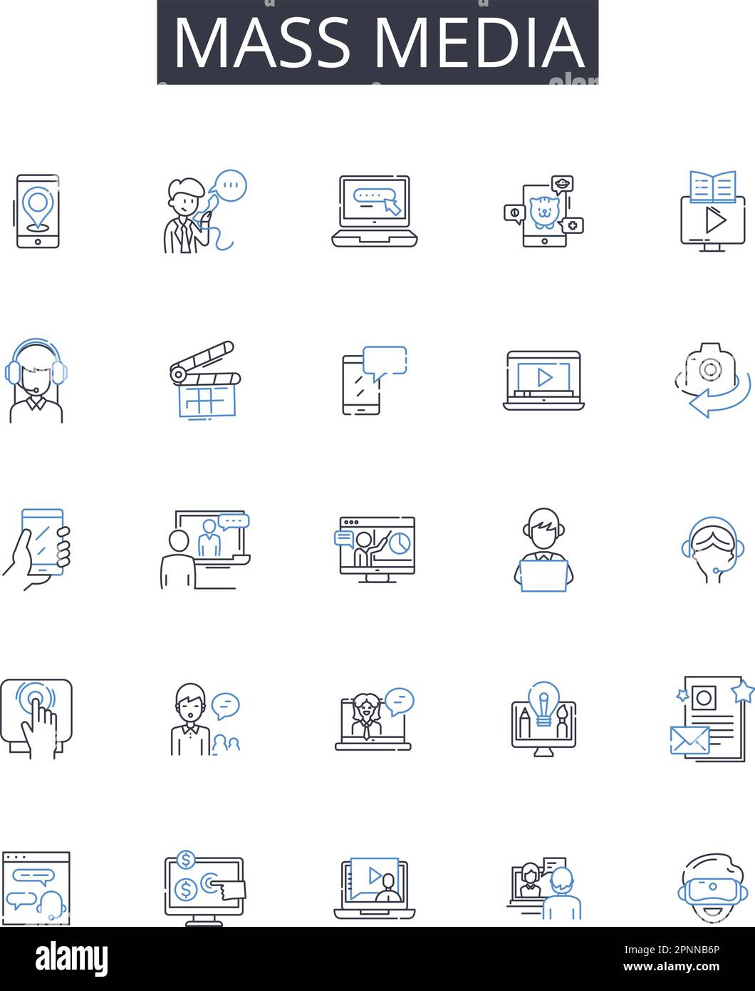 Raccolta di icone della linea dei mass media. Social media, Stampa, Media digitali, Visual media, Broadcast media, Media di notizie, vettore di media di intrattenimento e. Illustrazione Vettoriale