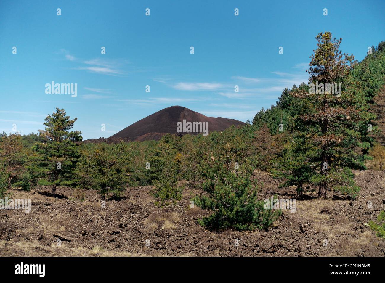 Paesaggio vulcanico con vulcano a cono di cenere nel Parco Nazionale dell'Etna, Sicilia, Italia Foto Stock