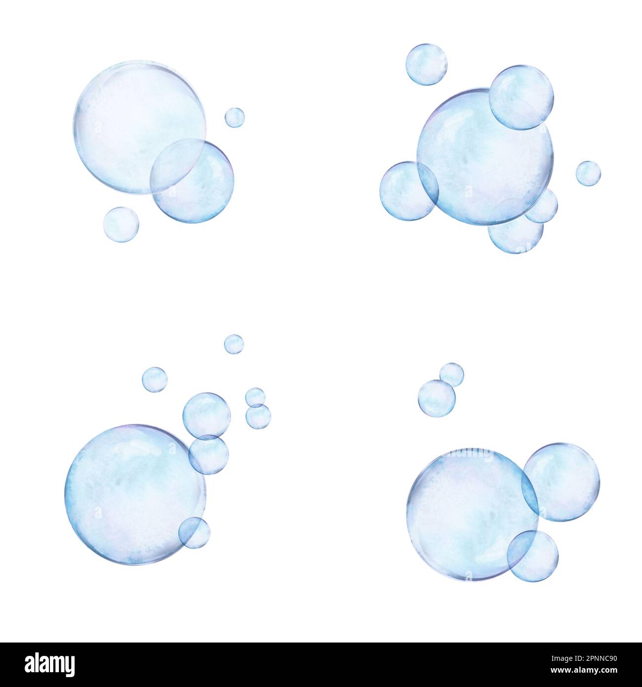 Acquerello tracciati set di bolle d'aria su sfondo bianco. Immagini realistiche e trasparenti per illustrazioni, adesivi, logo, stampa in tessuto Foto Stock