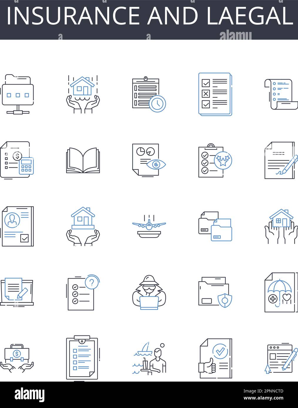 Collezione di icone di linea di assicurazione e laegal. Comunità, contenuti, conversazione, coinvolgimento, influenza, Opinione, vettore di readership e lineare Illustrazione Vettoriale
