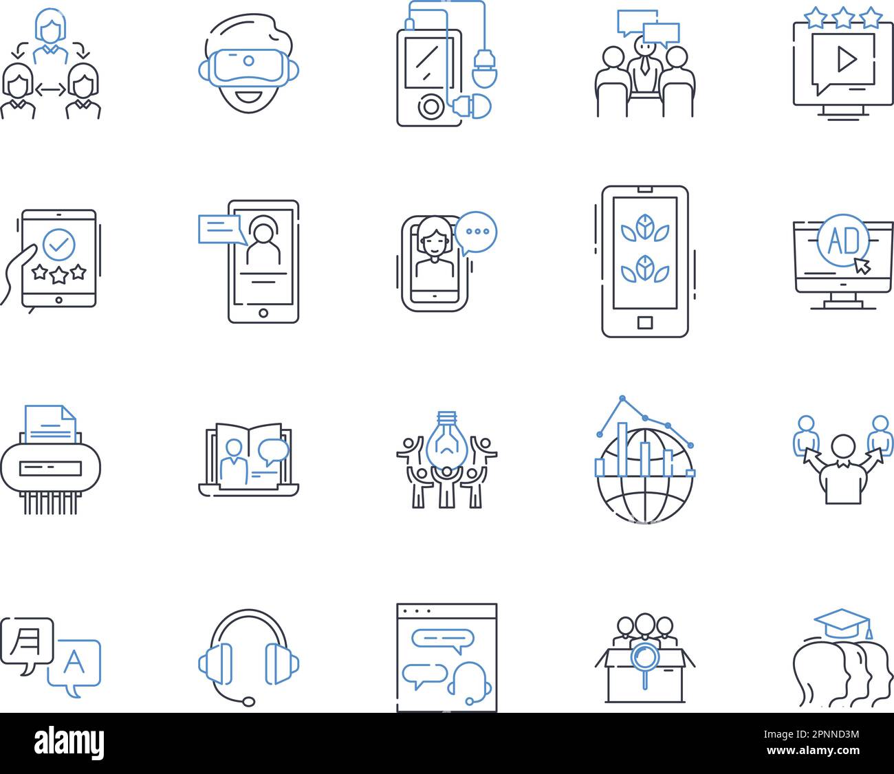 Collezione di icone della linea della comunità di impresa. Venture, Comunità, startup, imprenditori, innovazione, Finanziamento, vettore di investimento e illustrazione lineare Illustrazione Vettoriale