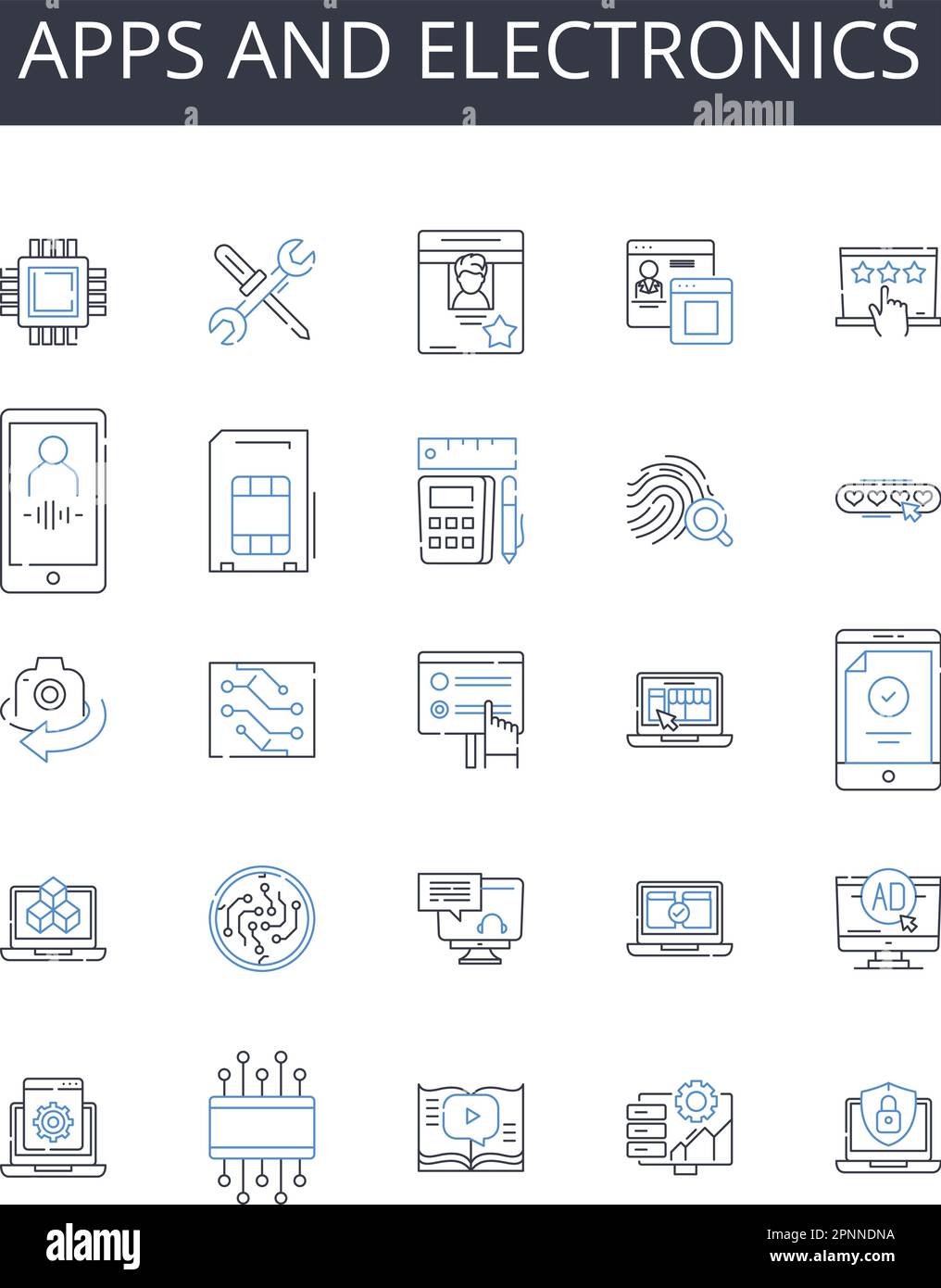 Raccolta di icone delle linee di applicazioni ed elettronica. Computer e dispositivi, veicoli e trasporti, Abbigliamento e abbigliamento, cibo e cucina, Musica e.. Illustrazione Vettoriale