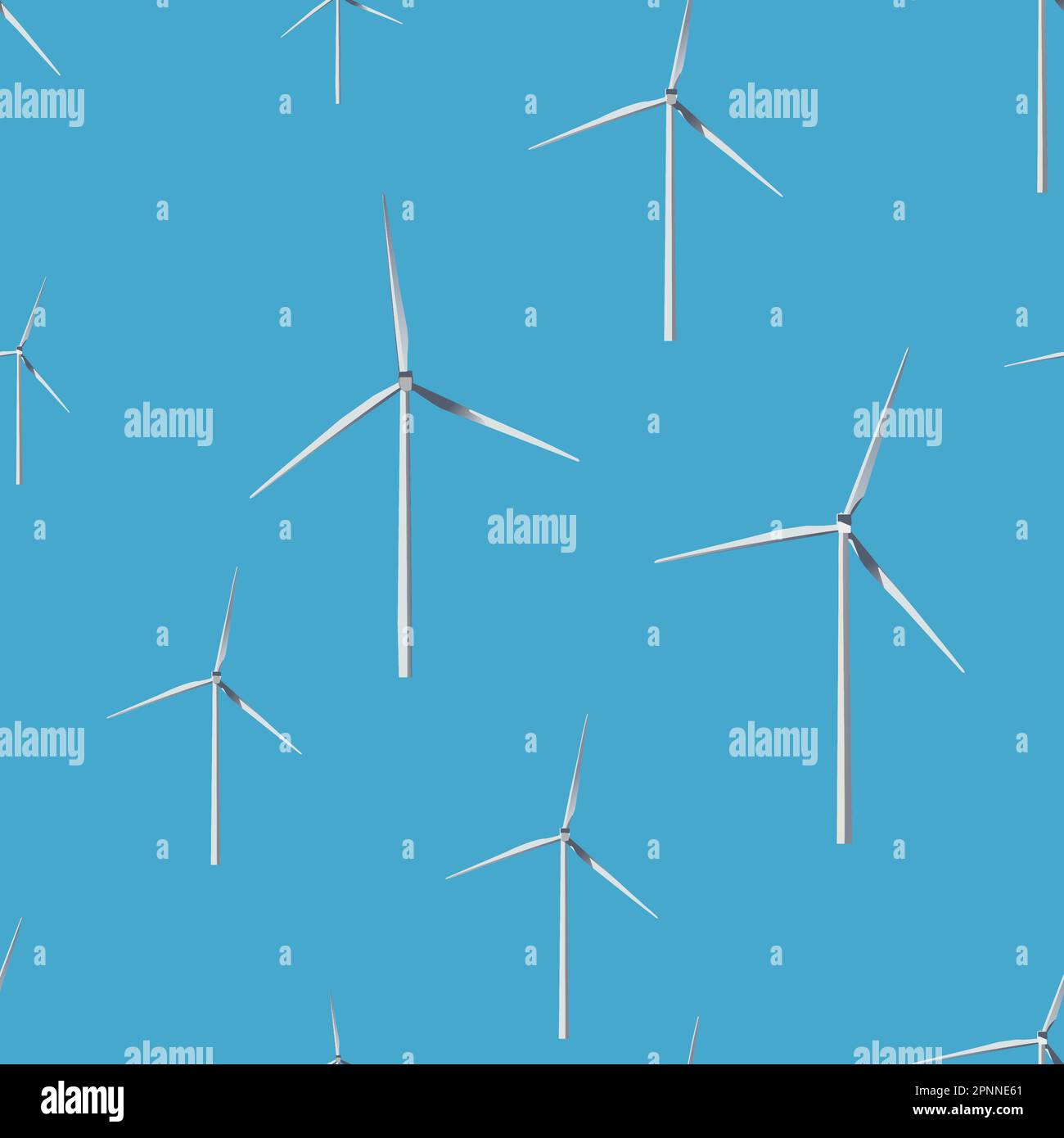 Modello vettoriale senza giunture: Mulini a vento con sfondo blu. con colori blu, grigio e bianco. Illustrazione Vettoriale