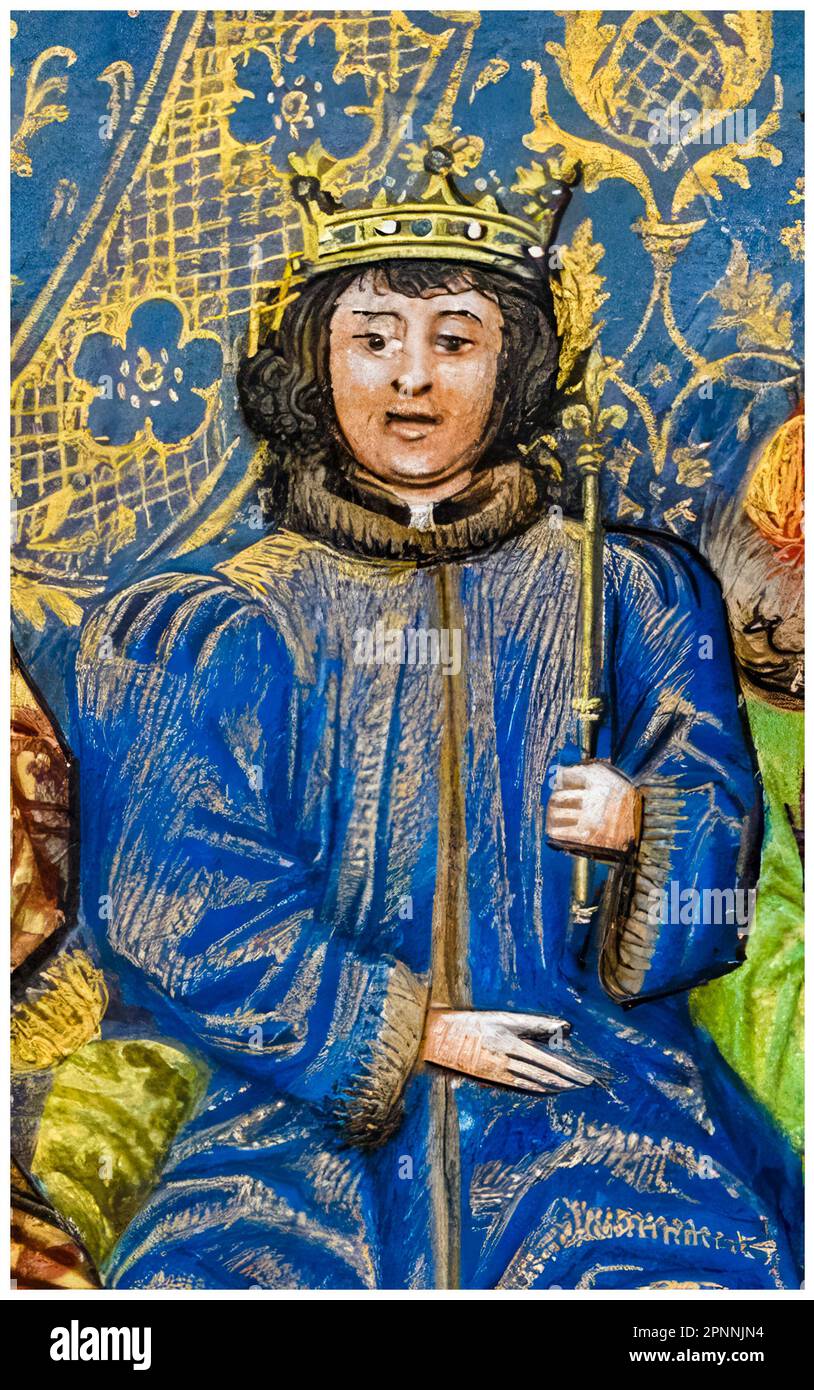 Boy King, Riccardo II d'Inghilterra (1367-1400), conosciuto anche come Riccardo di Bordeaux, Re d'Inghilterra (1377-1399) dopo la sua incoronazione nel 1377, di dieci anni. Ritratto manoscritto in miniatura di Maestri di Vienna e Copenhagen Toison d’Or, 1470-1480 Foto Stock