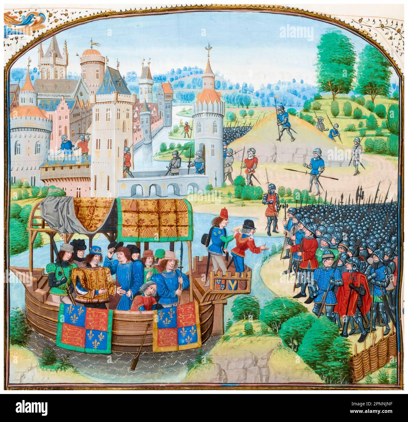 La rivolta del contadino: Re Riccardo II d’Inghilterra (1367-1400) incontra i ribelli il 14th giugno 1381, dipinto manoscritto in miniatura di Jean Froissart, 1401-1499 Foto Stock