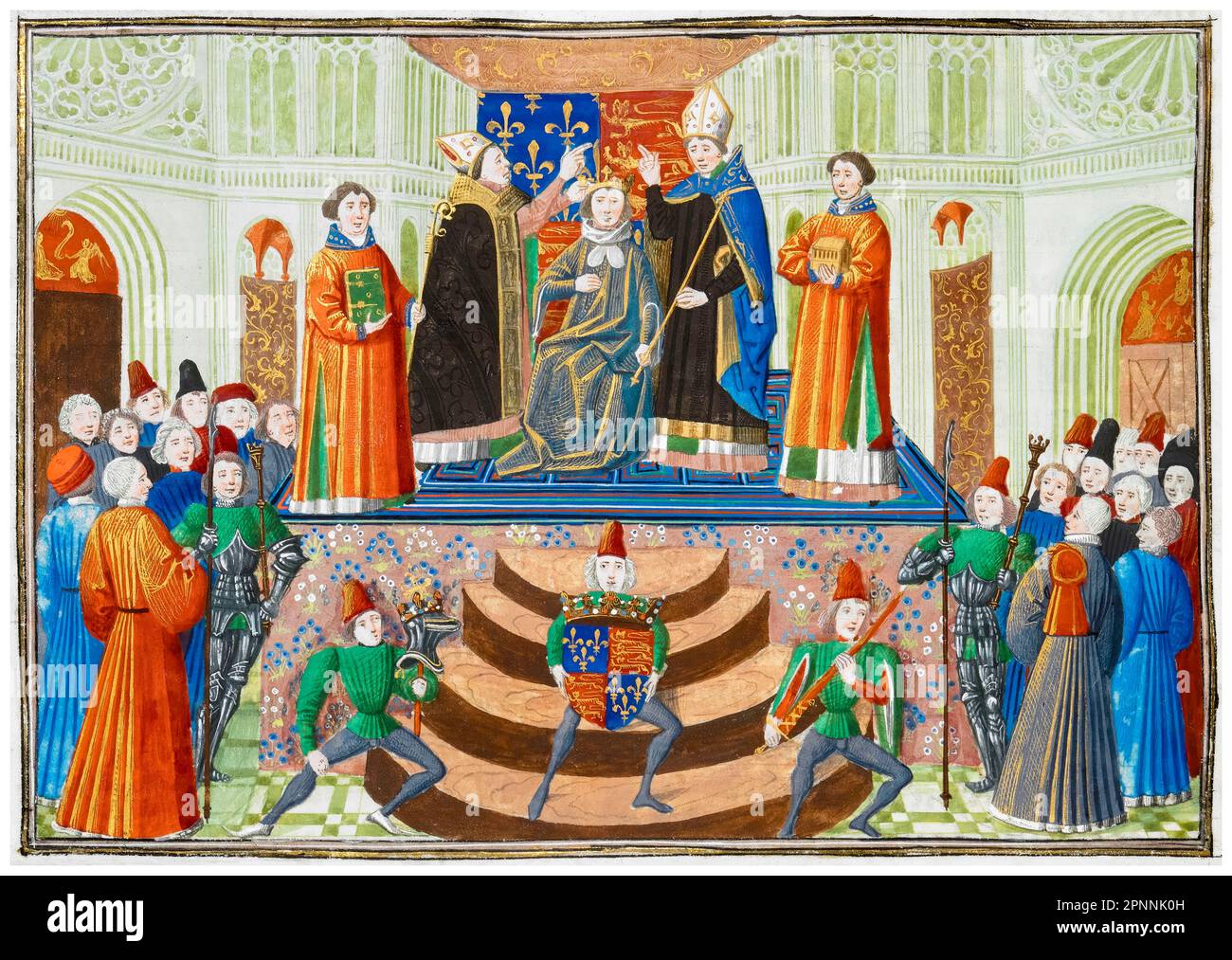 Incoronazione di Enrico IV d'Inghilterra (1367-1413), noto anche come Enrico Bolingbroke, re d'Inghilterra (1399-1413), il 13th ottobre 1399, pittura manoscritta in miniatura di Jean Froissart, 1470-1472 Foto Stock