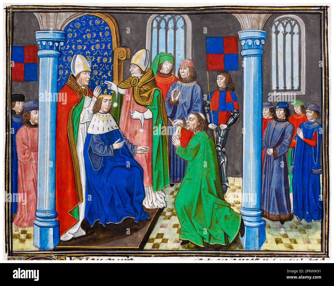 Incoronazione di Enrico IV d'Inghilterra (1367-1413), re d'Inghilterra (1399-1413), il 13th ottobre 1399, pittura manoscritta in miniatura di Jean Froissart, circa 1480 Foto Stock