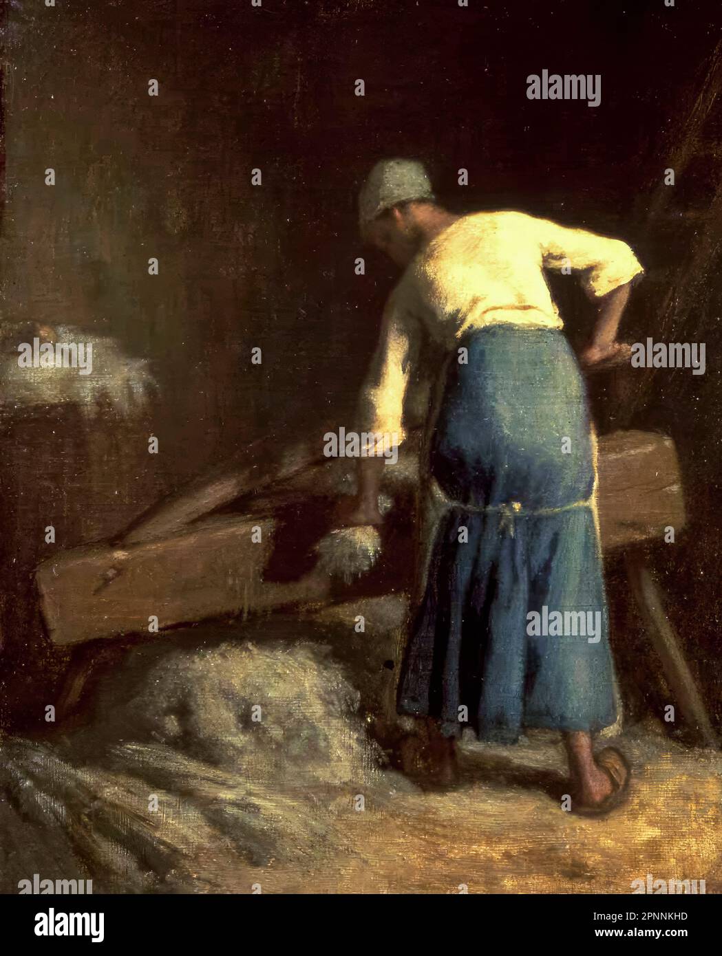 Jean Francois Millet, Breaking Flax, pittura in olio su tela, 1850-1851 Foto Stock