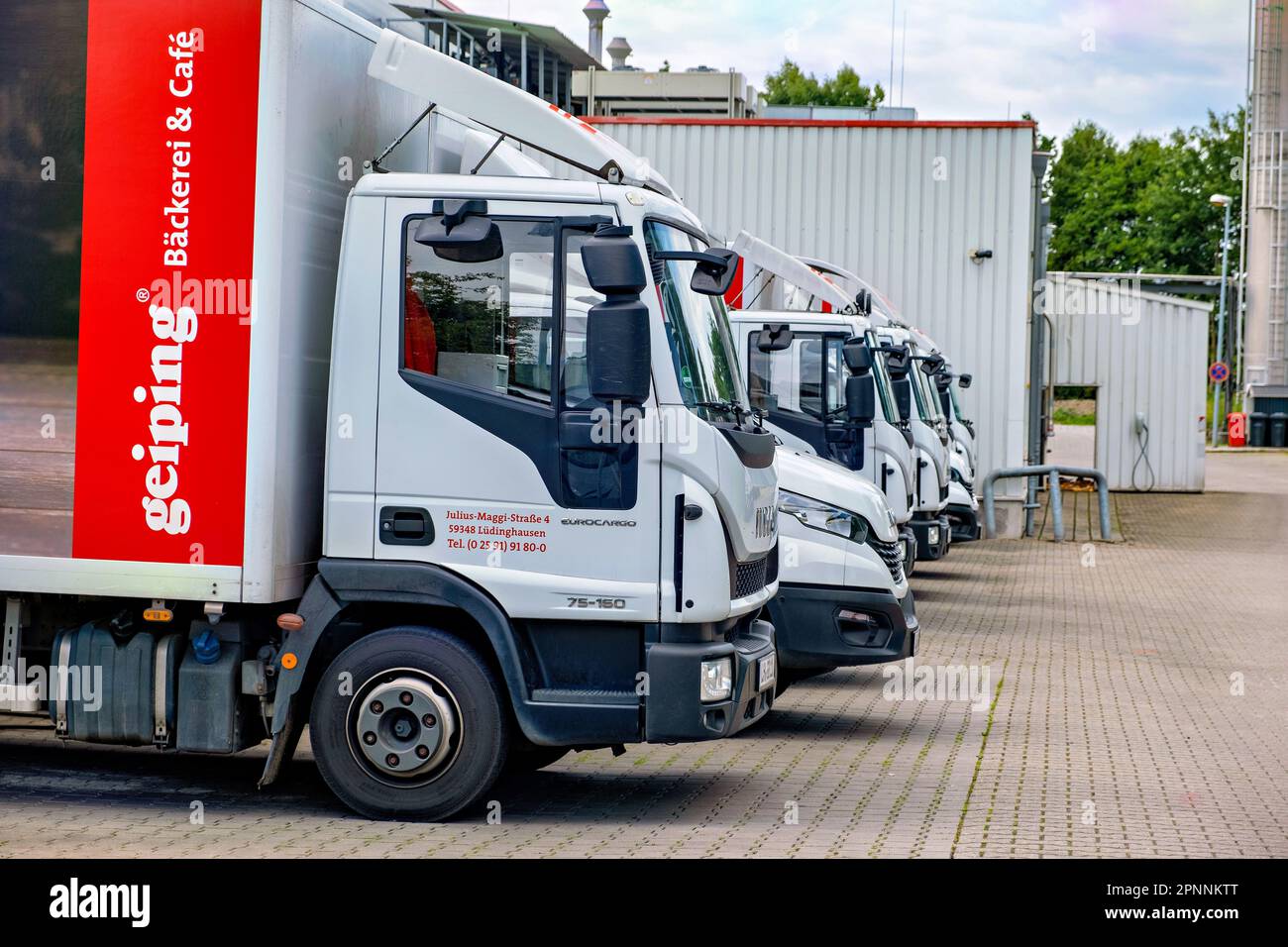 Germania, Ludinghauchen, circa 2022. Carrelli per la distribuzione di prodotti geiping stand in fila nel parcheggio. Foto Stock