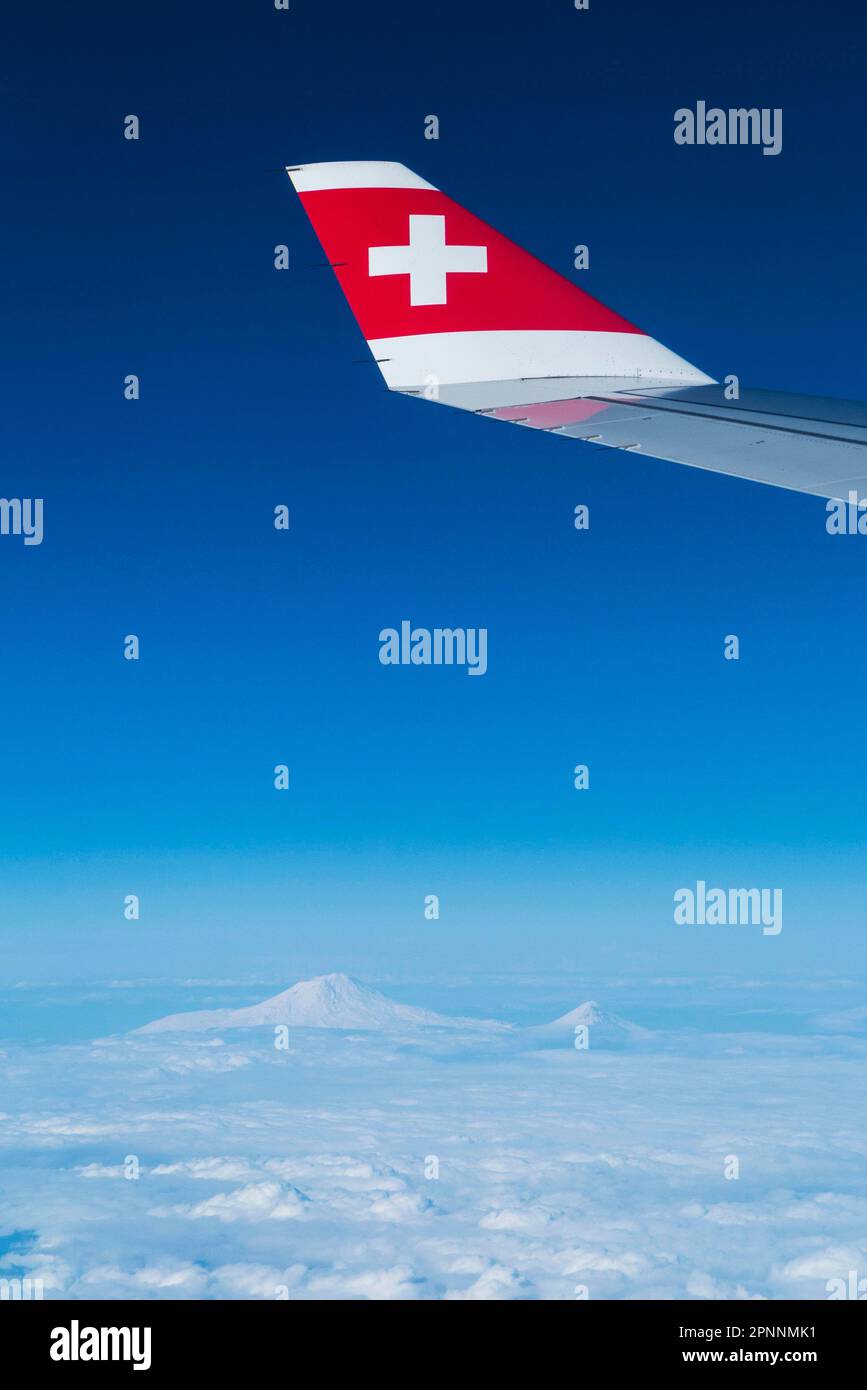 Volo sulle cime innevate delle montagne, a bordo di un Airbus A330-300 della compagnia aerea svizzera, punta d'alga con logo, Zurigo, Svizzera Foto Stock