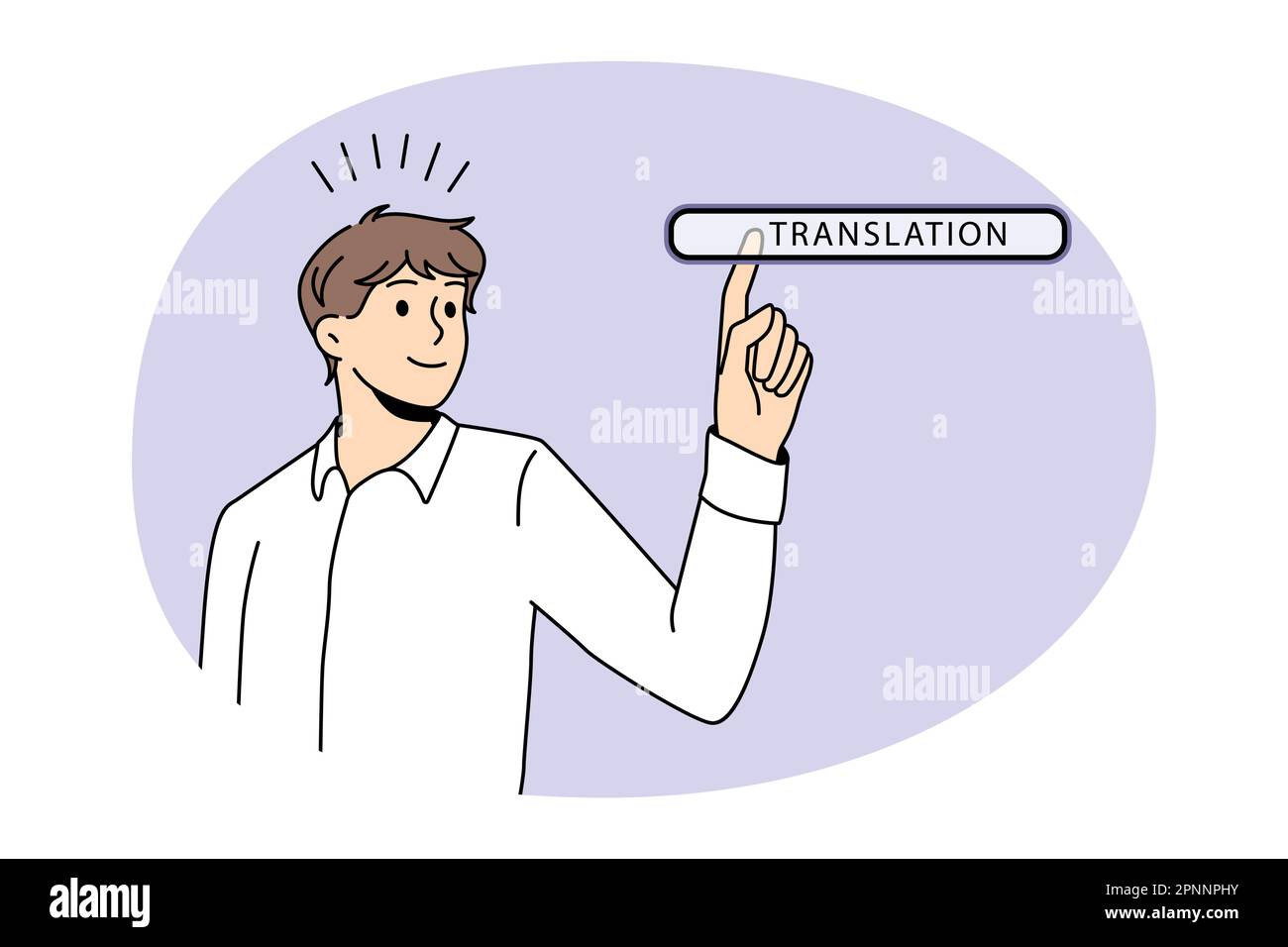 Concetto di pulsante tecnologie di traduzione online. Giovane lavoratore che sceglie la traduzione nella barra di ricerca su schermo virtuale trascrizione lingua internet networking illustrazione vettoriale Illustrazione Vettoriale