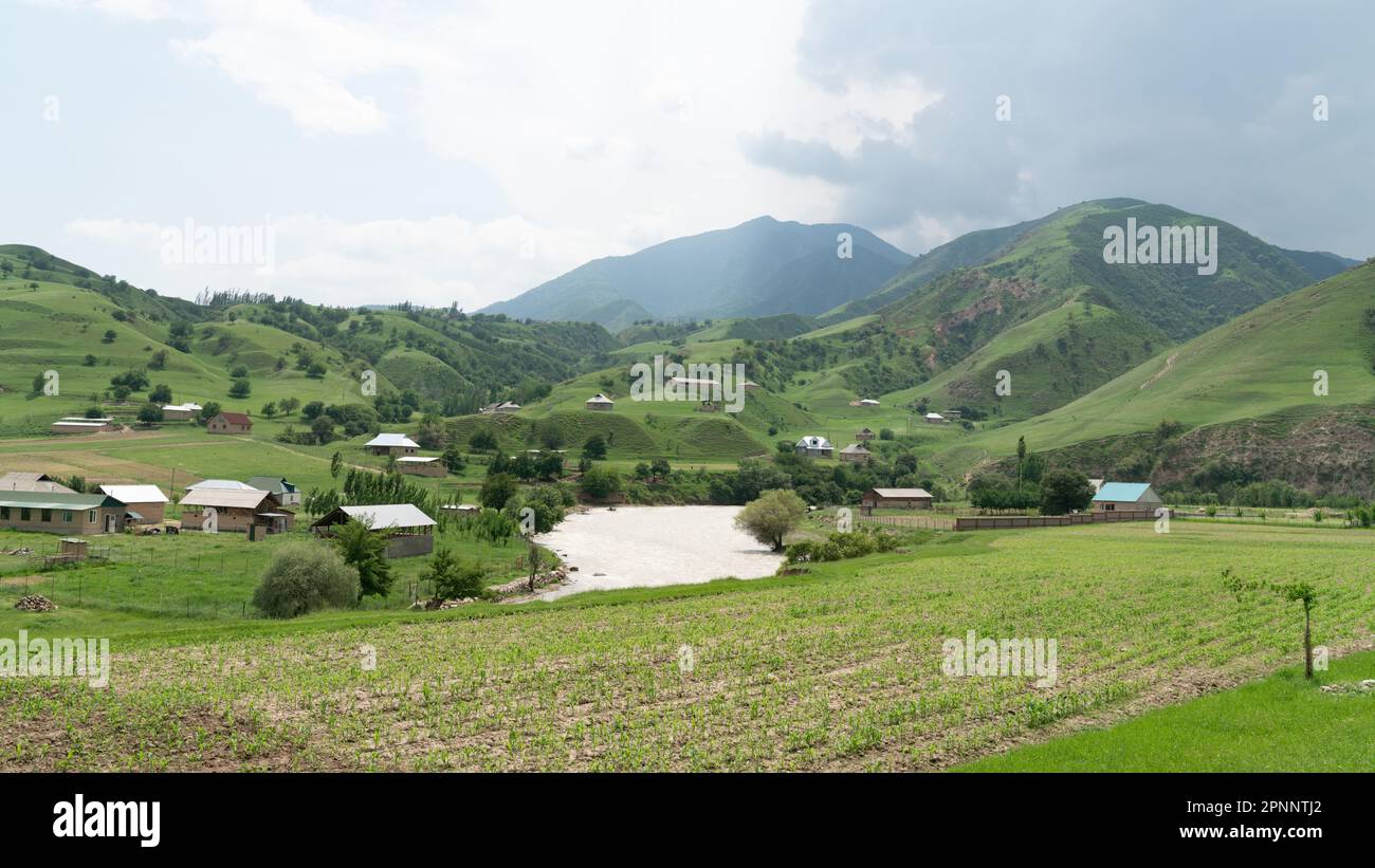 Kirghizistan natura verde paesaggio con vaste montagne. Il Kirghizistan è un paese senza sbocco sul mare situato nell'Asia centrale, noto per la sua aspra e montuosa t Foto Stock