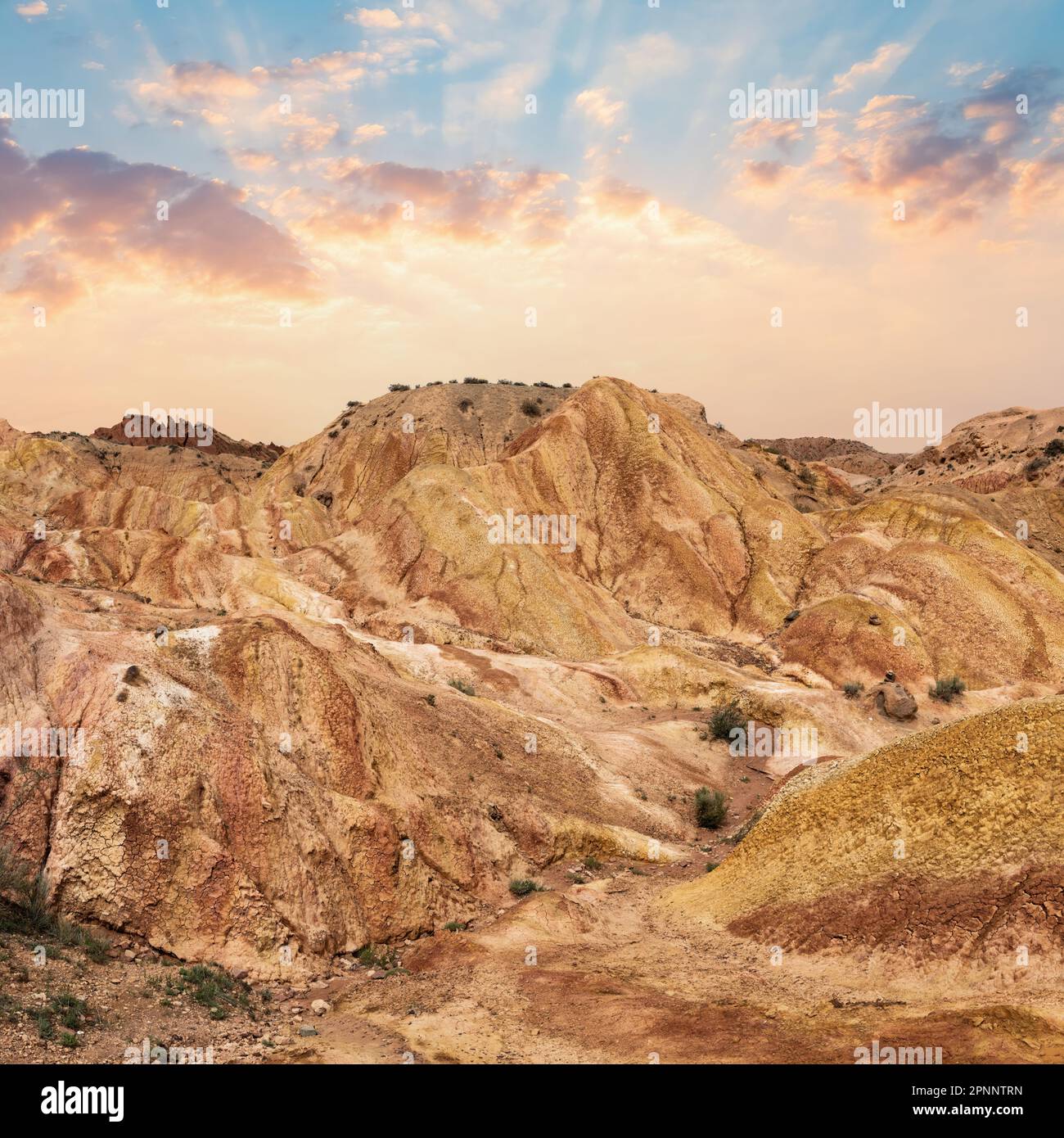 Scenario dal canyon fiabesco, formazione rocciosa unica situata in Kirghizistan. Canyon è noto per le sue insolite e colorate formazioni rocciose, che hanno b Foto Stock
