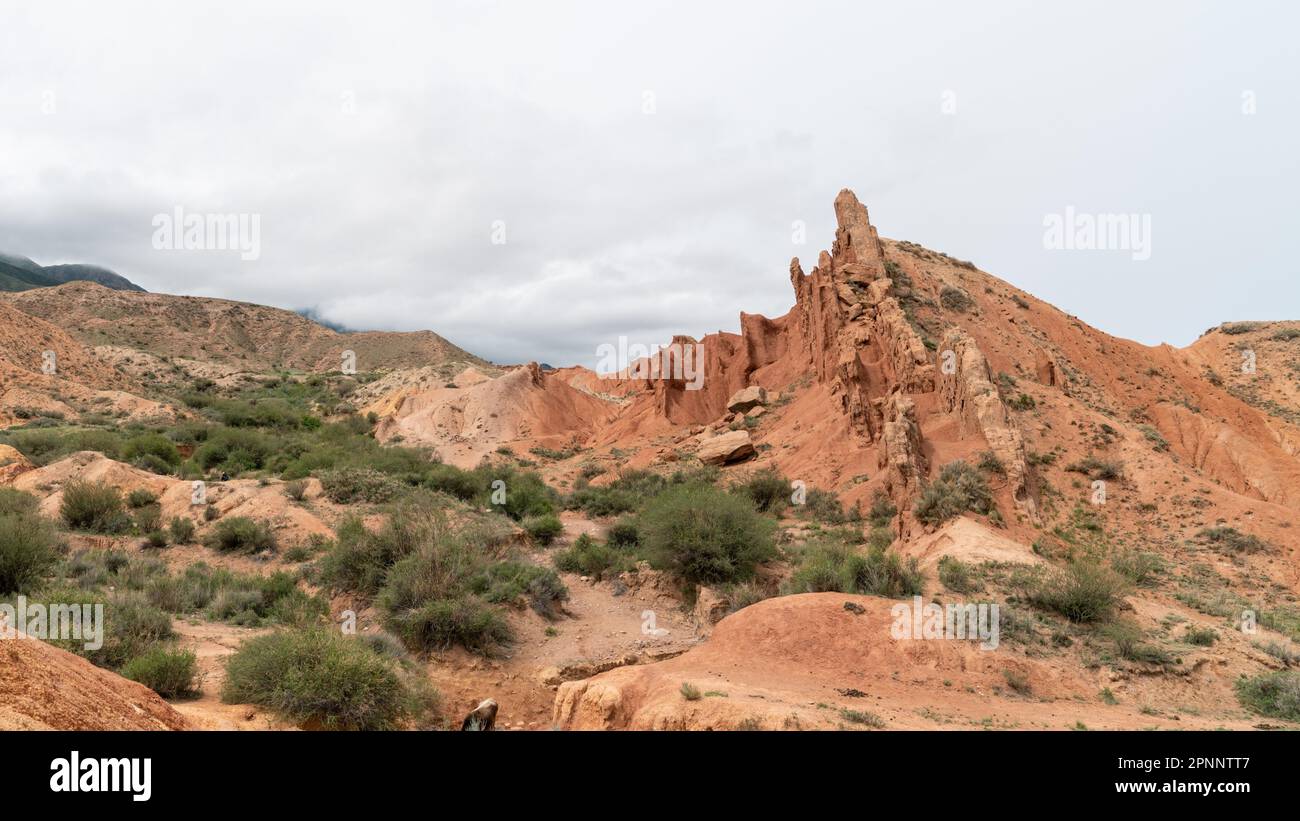 Scenario dal canyon fiabesco, formazione rocciosa unica situata in Kirghizistan. Canyon è noto per le sue insolite e colorate formazioni rocciose, che hanno b Foto Stock