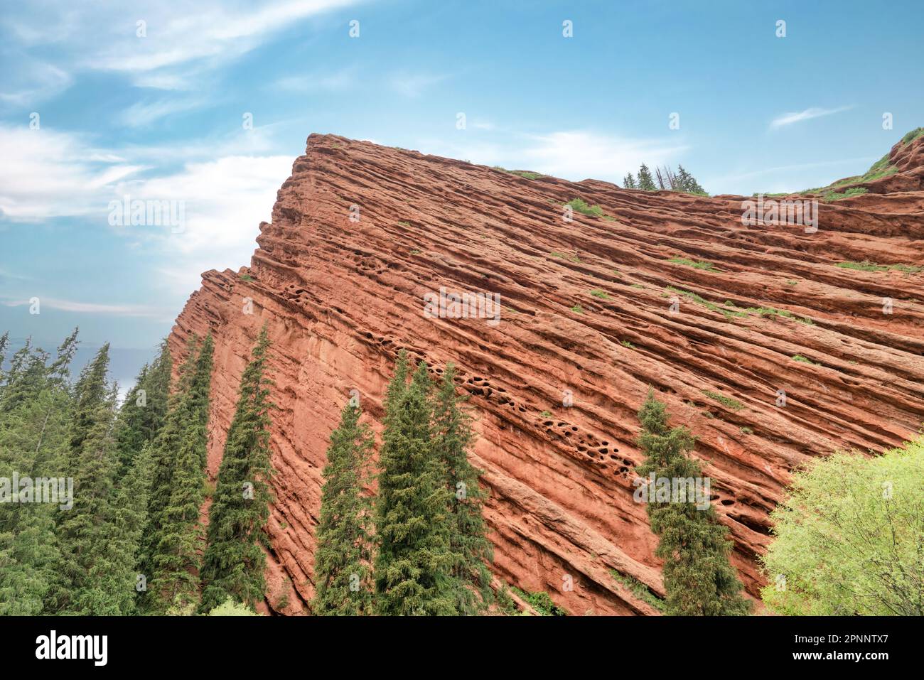 Paesaggio verde del Kirghizistan con vaste montagne. Il Kirghizistan è un paese senza sbocco sul mare situato nell'Asia centrale, noto per il suo terreno aspro e montagnoso Foto Stock