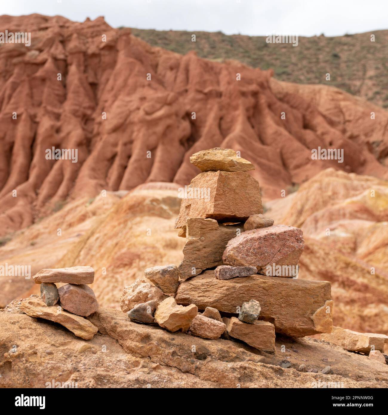 Scenario dal canyon fiabesco, formazione rocciosa unica situata in Kirghizistan. Canyon è noto per le sue insolite e colorate formazioni rocciose, che hanno b Foto Stock